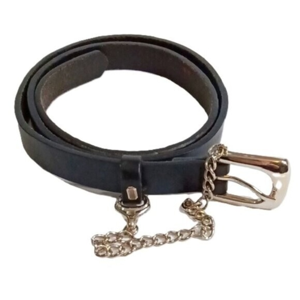 Danier Ladies Narrow Black Leather Belt w/Silver Tone Buckle and Chain 30"